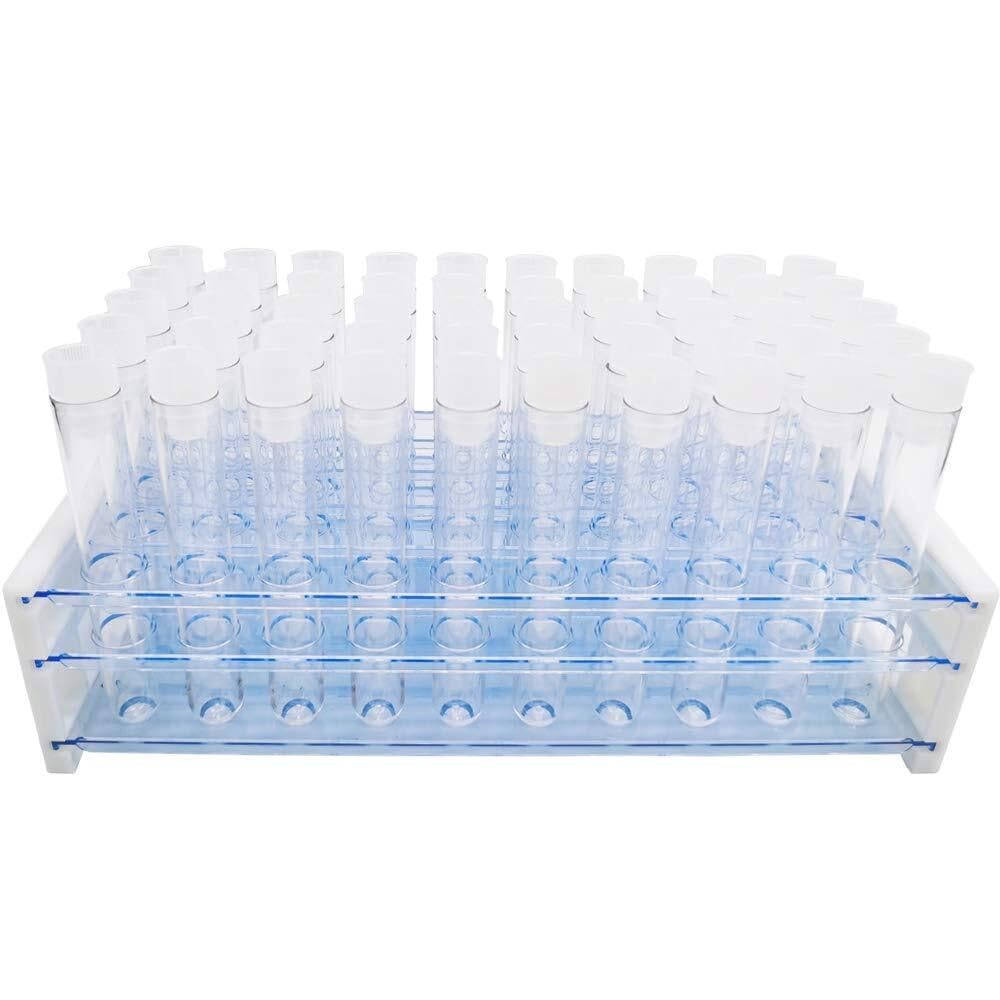 Gradilla De Tubo De Ensayo para Laboratorio 50 Tubos De Ensayo Plástico Transparente con Rejilla, 16 X 100 Mm (10 Ml), Tapas Y Orificios