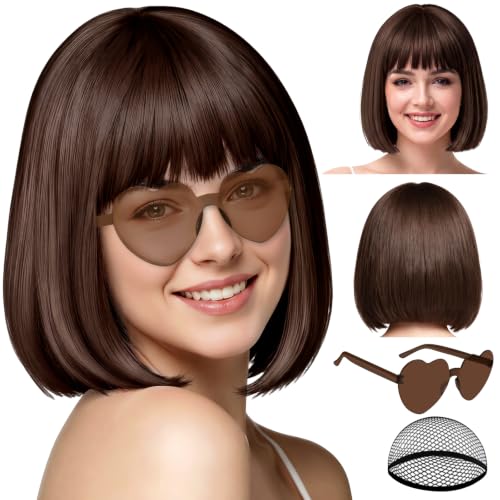 Image of PLULON Dark Brown Short Bob Wig with Bangs for Women, Colorful Neon Short Bob Synthetic Hair Wigs with Hair Cap Heart Sunglasses for Girls Men Daily Bachelorette Halloween Costume Party Supplies