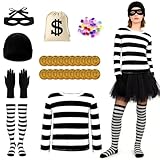 Saserner Disfraz Ladrona Mujer, Disfraz Ladron con Camiseta, Gorro, Antifaz, Guantes, Calcetines y Bolsa Lona Dinero, Disfraces de Ladrona para Carnaval Halloween Cosplay (M)