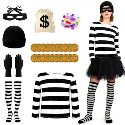 Saserner Deguisement Voleur Femme, Costume Femme Carnaval avec T-Shirt, Bonnet, Gants, Masque, Chaussettes et Sac à Billets en Toile, Déguisement de Cambrioleur pour Halloween Carnaval Cosplay (L)