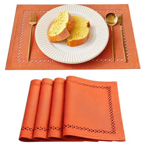 Aoztio Orange Burlap Place Mats, Fall Placemats Set of 4, 12 x 18 Inch