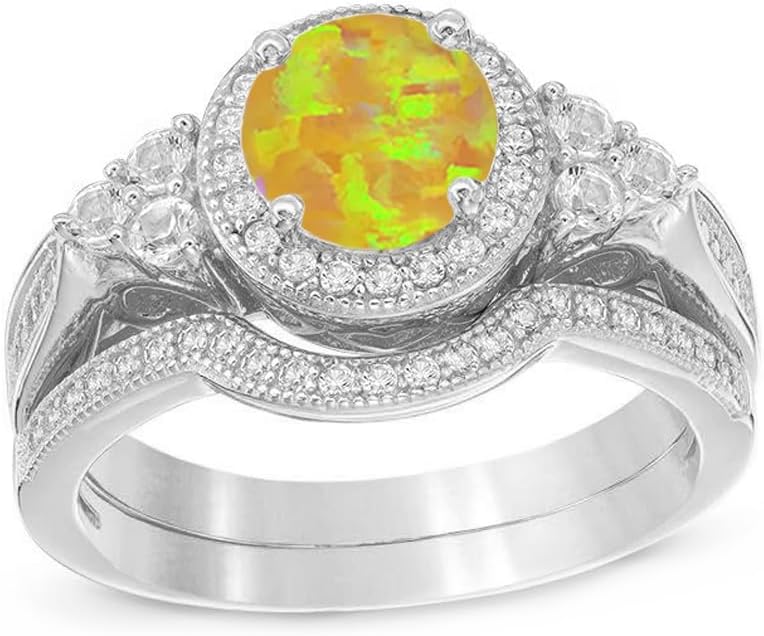 Vintage Bridal Set Round Opal Ring Personalized Silver 10K 14K 18K Gold Fire Opal Engagement Ring for Women Opal Ring Gift for Her 1-3 Carats