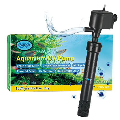 Image of COOSPIDER Aquarium U-V Filter Green Clean Machine for 40-100 Gallon Fish Tank Crystal Clear 300GPH Submersible Water Pump Air Supply Wave Maker Green Killing