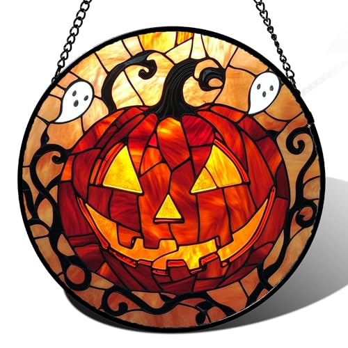 Image of Stained Glass Window Hanging - Halloween Decorations Evil Pumpkin Orange Suncatcher for Doors Garden Indoor Funny Spooky Sun Catchers Gothic Decor Horror Gifts for Women Men Friend 9.8 in