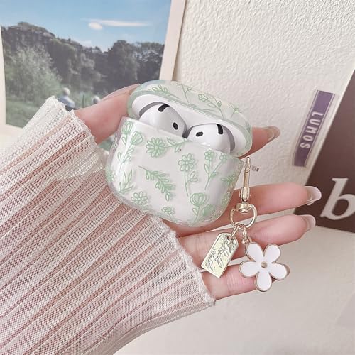 Image of MINSCOSE Compatible with AirPods 4 Clear Case,Cute Flower Floral Aesthetic Design with Flowers Keychain, Soft TPU Protective Shockproof Case for Women Girl for Airpods 4-Green