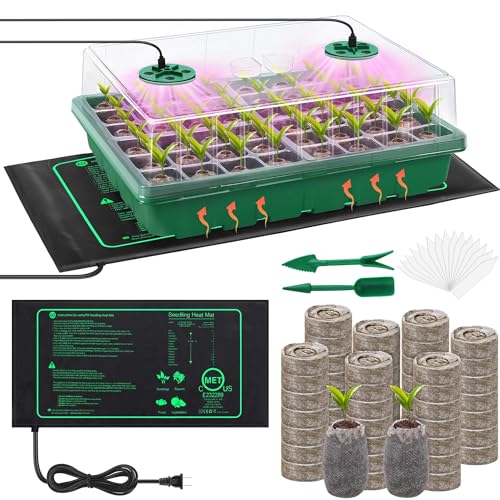 Hahood Seed Starter Kit with Grow Light Seedling Heat Mat 48 Cells Seed Starter Tray with Humidity Dome and Base Germination Trays Plastic Growing Trays Plant Propagation Kit for Seed Starting, Green
