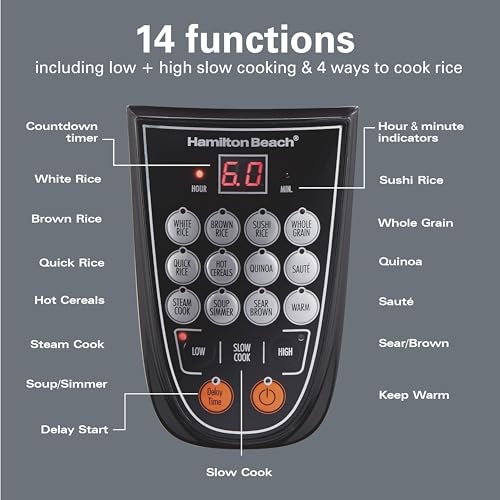 Image of Hamilton Beach Digital Programmable Rice and Slow Cooker & Food Steamer, 20 Cups Cooked (10 Cups Uncooked), 14 Pre-Programmed Settings for Sear Saute, Hot Cereal, Soup, Nonstick Pot, Stainless Steel (37571MN)