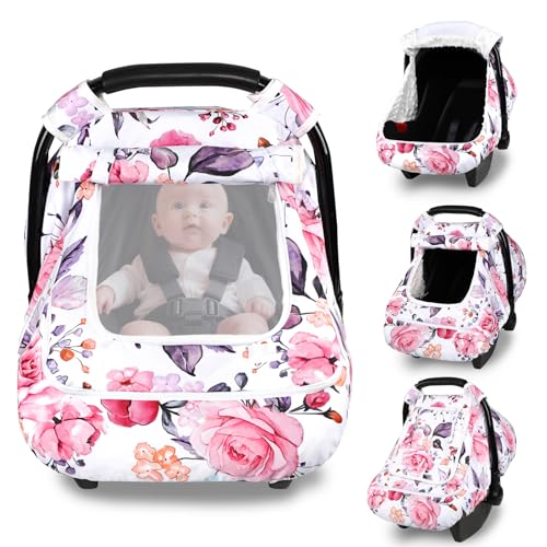 Image of Winter Car Seat Cover Baby with Sunshade & Dual Zipper Windows - Minky Bubble Lined Windproof Soft Shell, Warm Newborn Car Seat Canopy Covers, Elastic Bottom for Stroller & Infant Car Seat, Floral