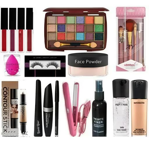 Professional Makeup Kit with 15 Color Shimmer Eyeshadow Palette, Mini Makeup Brushes, Face Powder, Hair Straightener, Beauty Blender, Mascara Set, Pink-image-7