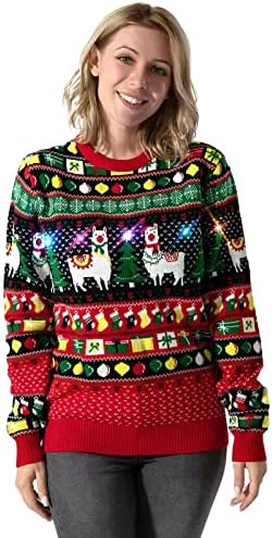 Women's LED Ugly Sweater Unisex Christmas Knit Funny Light-up Flashing Pullover for Party A Little Llama Goes A Long Way Medium