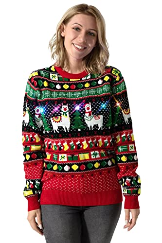 Women's Led Ugly Sweater Unisex Christmas Knit Funny Light-Up Flashing Pullover For Party A Little Llama Goes A Long Way Medium #TOP14