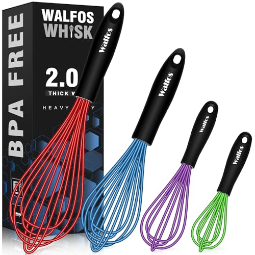 Walfos Whisk, Silicone Whisk Heat Resistant Kitchen Whisks Set of 4- Professional Whisks For Cooking Non Scratch, Balloon Egg Wisk Perfect for Frothing, Blending, Beating