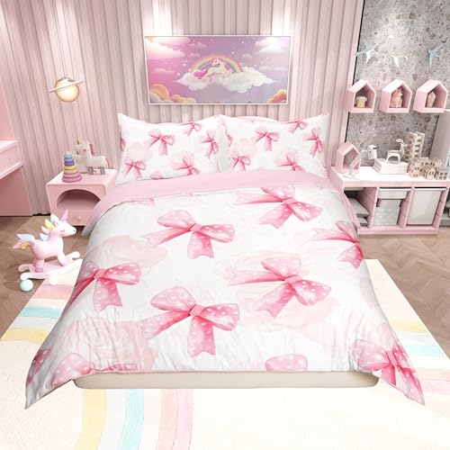 Homemissing Pink Bow Duvet Cover Set Single Size Bedding For Kids Adults Girls Teens Dreamy Princess Style Bedding Set Kawaii Bowknot Comforter Cover with 1 Pillowcase Room Decor Bow Bed Sets