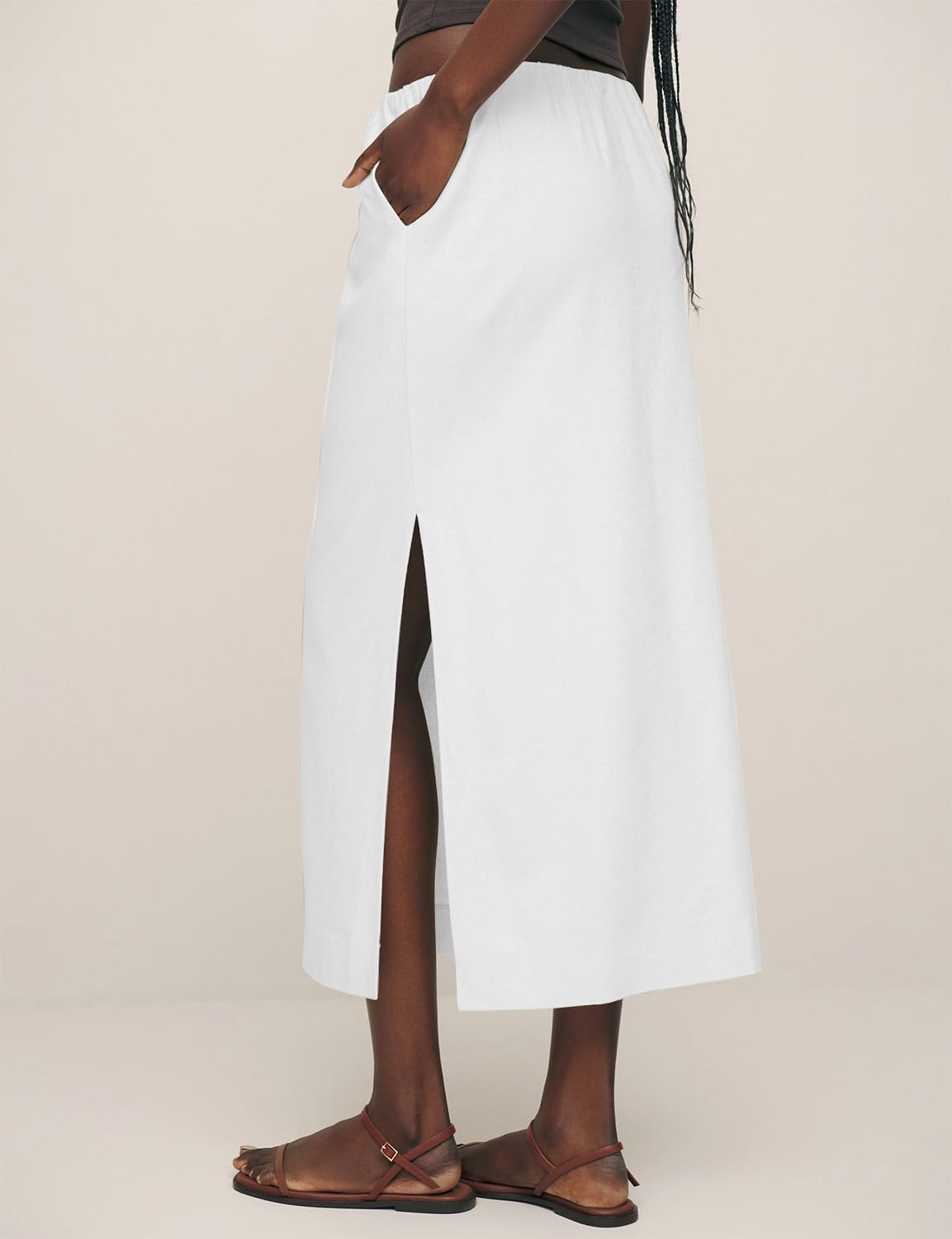 IDEALSANXUN Gonne lunghe da donna in lino alla moda con coulisse in vita elastica con spacco