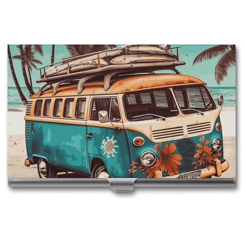 Business Card Holder Old Bus with Surfboard Business Card Case Slim Business Card Organizer with Magnetic Shut Professional Metal Name Card Holder Carry-on Pocket Wallet for Men Women