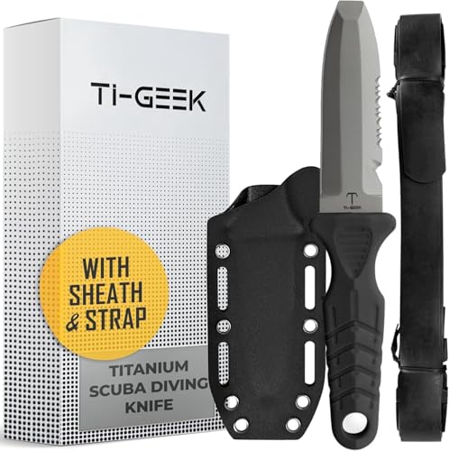 TI GEEK Titanium Survival Scuba Diving Knife Fixed Blade Dive Knife with Sheath & Straps - Holster on Divers BCD Thigh/Leg GC Belt Buckle or Wrist Cutting Serrated Edge & Line Cutter