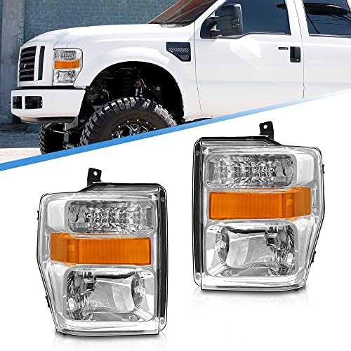 AS Headlights Assembly Compatible with 2008 2009 2010 Ford F250 F350 F450 F550 Super Duty, 08 09 10 Headlights Replacement, Chrome Housing Amber Reflector Driver and Passenger Side