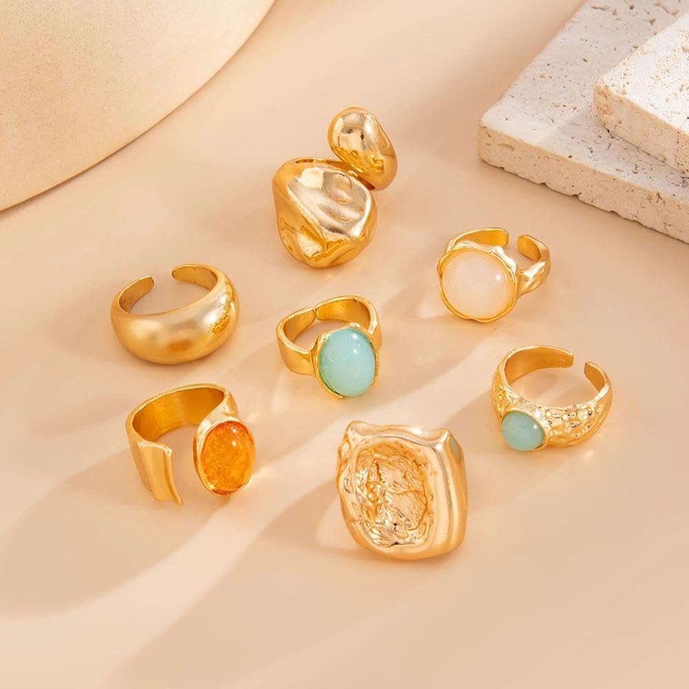 Chunky Gold Rings for Women Trendy Statement Stackable Rings Vintage Bohemian Colorful Crystal Ring Set Unique Stone Open Ring Dainty Prom Jewelry - Image 6
