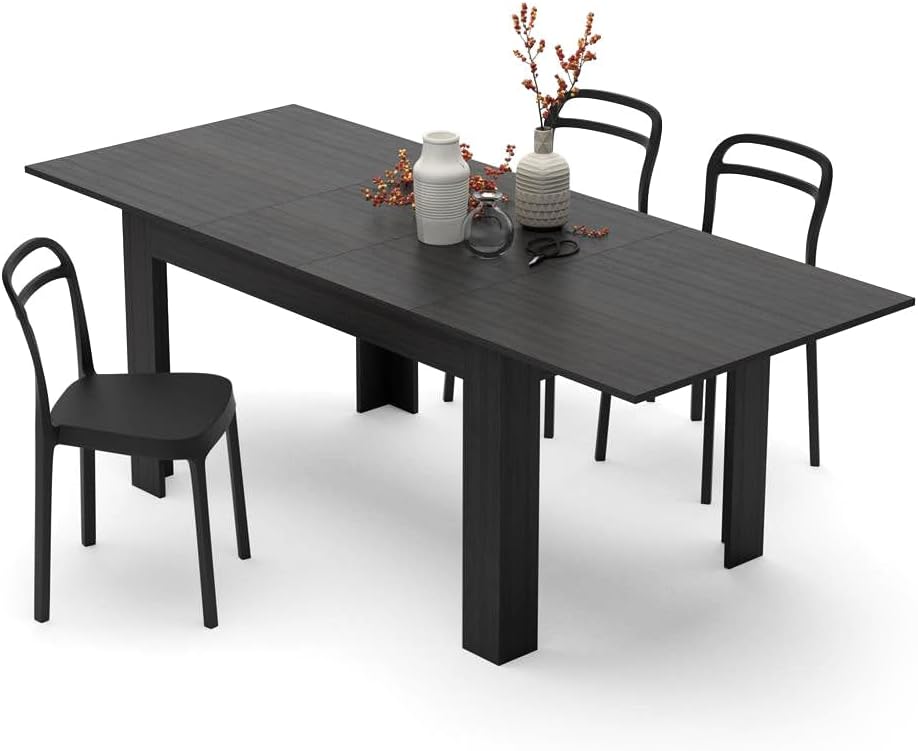 Easy, Extendable Dining Table, 55.1(86.6) x35.4 in, Ashwood Black, for 6-8 People, Expandable Dining Table for Kitchen, Italian Furniture