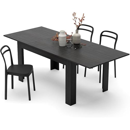 Mobili Fiver, Easy, Extendable Dining Table, 55.1(86.6) x35.4 in, Ashwood Black, for 6-8 People, Expandable Dining Table for Kitchen, Italian Furniture