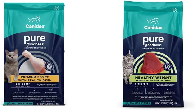 CANIDAE Pure Limited Ingredients Premium Dry Cat Food Bundle, Chicken and Healthy Weight Tuna Recipes, 5 Pounds (Pack of 2), Grain Free