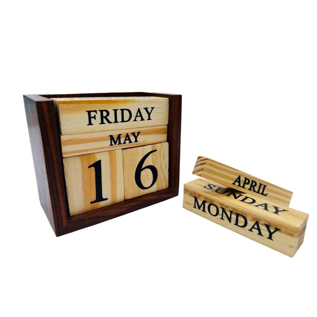 generic Wooden Perpetual Desk Calendar, Decorative Blocks with Months, Days and Numbers, Dark Brown Stand-picture-24