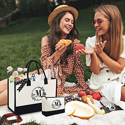 Beegreen Birthday Gifts For Women Initial Canvas Tote Bag & Makeup Bag For Friends Mother Bride Bridesmaid Teacher Appreciation Gifts Bag Embroidery Large Personalized Gifts For Wedding Beach S #TOP4
