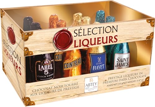 ABTEY Casier Selection Chocolate Liqueurs 155g - Label 5® Whiskey, Cointreau®, St James® Rum & Bayet Cognac - 12 Assorted Chocolate Liqueurs Bottles in a Crate