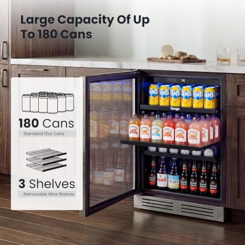 Image of Yeego Beverage Refrigerator Cooler - 24 inch 180 Cans Mini Fridge with Glass Door, 34-54 ℉ Under Counter Refrigerator Built-in for Wine Beer Soda for Bar Bedroom Office(Left-Hinged)