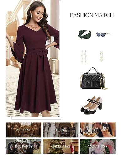 Image of DRESSTELLS Women's Cocktail Dress Summer Wedding Guest Party Vintage 3 /4 Bell Sleeve V Neck A-Line Dress
