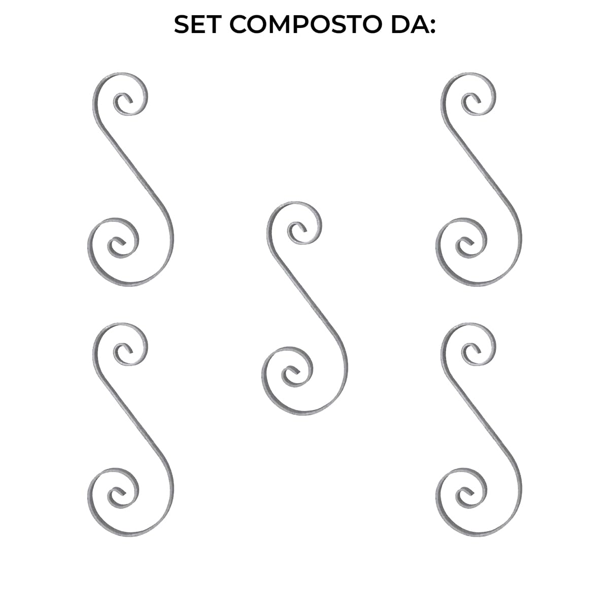 Riccio a S in ferro battuto con finali rastremato rigato H. 360 x L. 130 mm piatto 12x6 mm set 5 pezzi Made in Italy