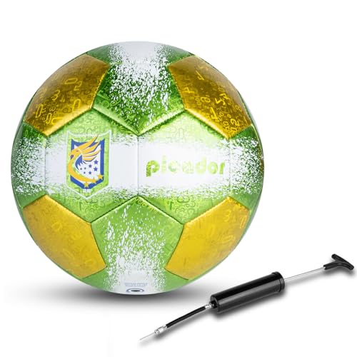 Size 4 Soccer Balls, Laser Leather Soccer Ball for Sport Training & Match Play - Vibrant Soccer Balls Gift Set with Pump for Kids and Youth(Green/Yellow)