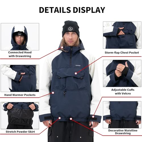 SNOWVERB Jaqueta masculina de snowboard Anoraque larga, meio zíper, camuflada, leopardo, impermeável