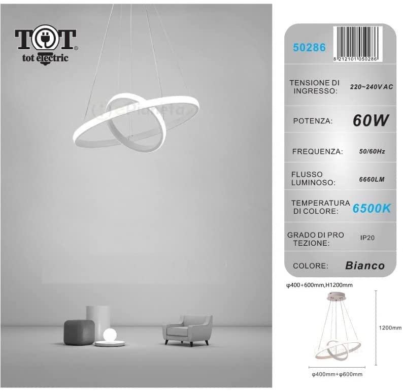 TOT ELECTRIC Lampadario Sospeso LED 60W A 2 Cerchi: Design Moderno E Luce Naturale 4000K Per Soggiorno E Camera - 5