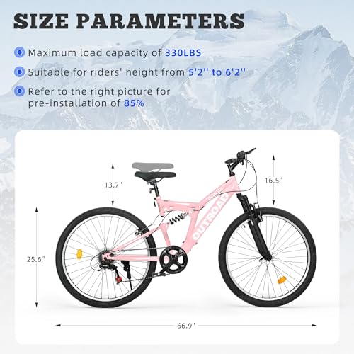 Max4out 26 inch Mountain Bike Dual Full Suspension, Outdoor Hybrid Bikes,7-Speed/High-Carbon Steel, for Men Women Adult, MTB Bicycle with Suspension Fork, Pink