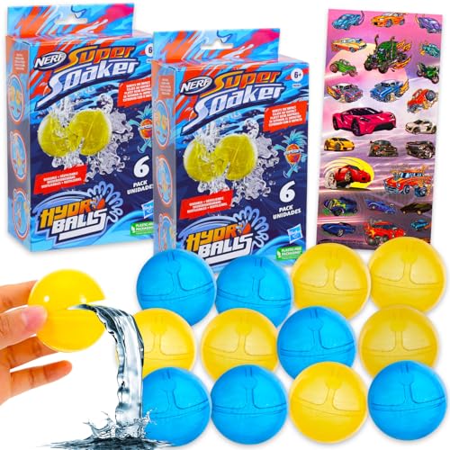 Nerf Super Soaker Hydro Ball Set - Bundle of 12 Nerf Super Soaker Refillable Balls for Pool, Backyard Play and Stickers - Reusable Water Balloon Pack