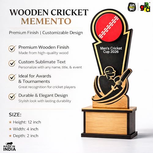 Image of GKD Wooden Cricket Trophy for Winners - Men's Cricket Cup Memento for Tournaments, Corporate Events & School Competitions | Self-Customizable with Stickers (Men 12 Inch)