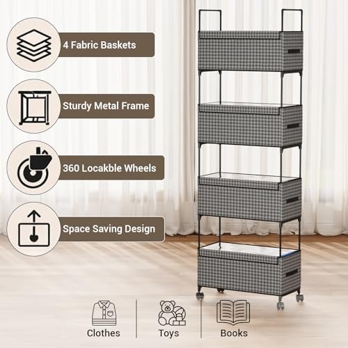 Image of Lukzer 4-Tier Clothes Organizer Basket with Wheels | Black & White Fabric with Metal Rolling Storage Shelf for Folded Clothes & Towels | Multipurpose Rack for Bedroom Closet & Laundry Room