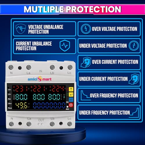 Image of amiciSmart 3-Phase Energy Meter 80A, Auto-Reconnect | Over /Under Voltage, Current, Frequency, Phase Protection | LCD Display | DIN Rail Mount | 220VAC Power Monitor