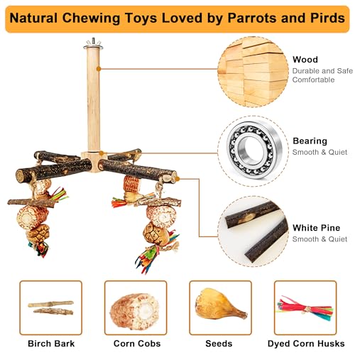 Image of Rotating Parrot Perch Stand with Chew Toy - Natural Wooden Bird Cage Accessories, Bird Stand with Chew Toys and Exercise Wheels, Natural Wooden Perch Stand for Small and Medium Sized Birds