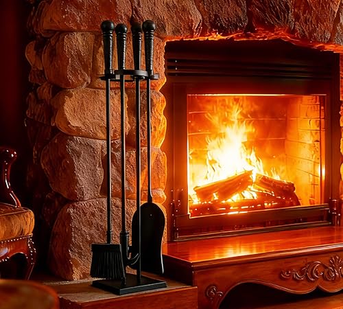 Kingson Ensemble de 3 accessoires de cheminée avec revêtement en poudre noir avec poignées en fonte et support – pelle, tisonnier, brosse – outils de 55,5 cm, hauteur totale 61 cm