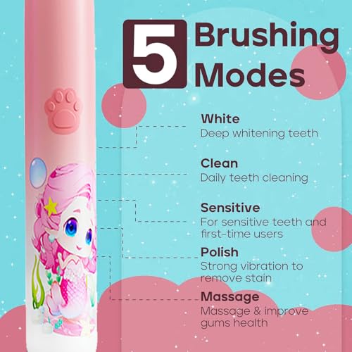 Image of Obvie Sonic Electric Kids Toothbrush with 5 Brushing Modes, IPX7 Waterproof, Soft Nylon Bristles, Rechargeable Battery last up to 30 Days, Type-C Electric Power Tooth Brush, 3 Heads (Pink)