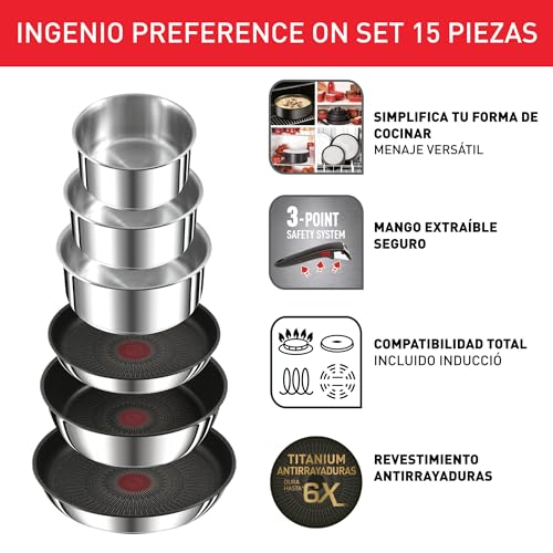 Miniatura 3 de Tefal Ingenio Preference On Batería De Cocina De 15 Piezas, Diseño Apilable, Ahorra Espacio, Mango Extraíble, Sin Pfoa, Revestimiento Antiadherente, Themo-Signal, Apto Todas Cocinas