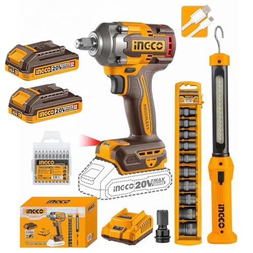 Image of Ingco 1 /2 inch Cordless Impact Wrench Kit, 400 N.m, 2 x 2.0 Ah Batteries, 10-Piece Socket Set, LED Work Light, 10-Piece Screwdriver bit