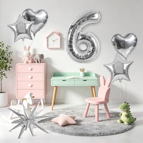 Image of TONIFUL 6th Birthday Balloons Kit 40Inch Silver Large Number 6 Foil Balloon | with 18Inch Helium Mylar Heart Star Balloons for Kids Women Men Birthday Anniversary Graduation New Year Eve Party Decoration