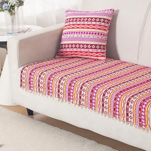 Image of HOKIPO Sofa Cover Mat with Tassel | 300 GSM Cotton Acrylic Jacquard for 2 Seater Sofa,'Trivana Series' Hot Pink (IN-934-J3*S)