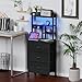 Furnulem Tall Night Stand with 3 Fabric Drawers and LED Lights, Nightstand with Bookshelf, 45.3inch Tall Bedside Tables with USB Ports in Bedroom, Dorm, Office,Metal Frame, Wood Shelves (Black Oak)