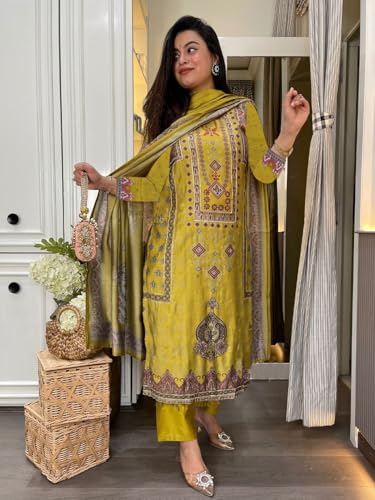 Image of ANNI Designer Women's Pure Cotton Kurta Set | 3 Piece Ethnic Suit Set with Pant & Dupatta | Festive Kurti Set for Women