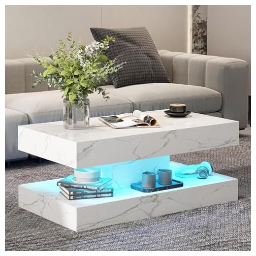 COSVALVE White Marble Coffee Table for Living Room with 24 Colors LED Light, 2 Tier High Gloss Modern Centre Table Rectangle Tea Table for Home, Office Furniture