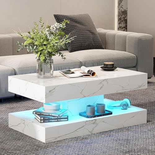 COSVALVE White Marble Coffee Table for Living Room with 24 Colors LED Light 2 Tier High Gloss Modern Centre Table Rectangle Tea Table for Home Office Furniture